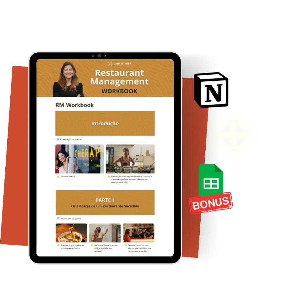 Mockup do Restaurant Management Workbook de Joana Teixeira, mostrado num tablet com o logotipo do Notion ao lado.