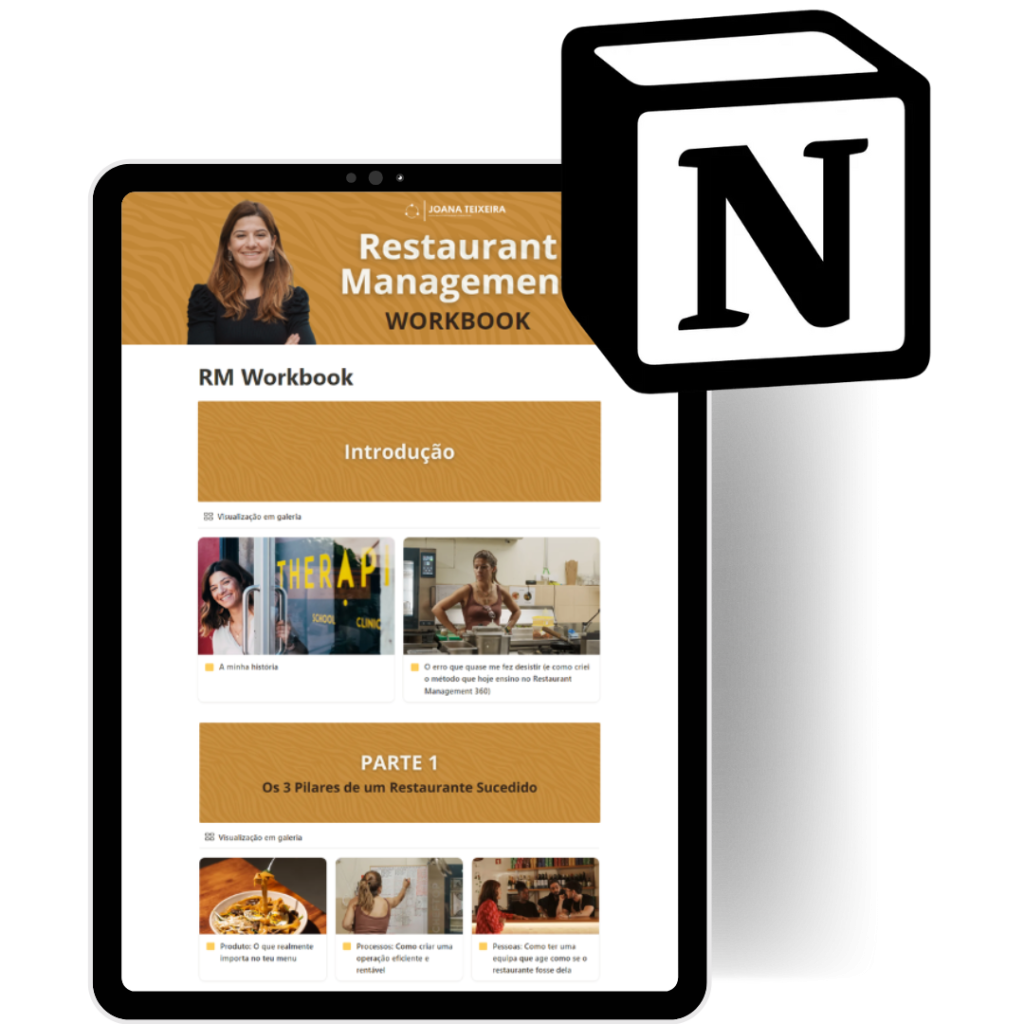 Mockup do Restaurant Management Workbook de Joana Teixeira, mostrado num tablet com o logotipo do Notion ao lado.