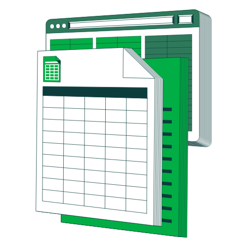 Ilustração de folhas de cálculo verdes, representando ferramentas financeiras e gestão de custos.