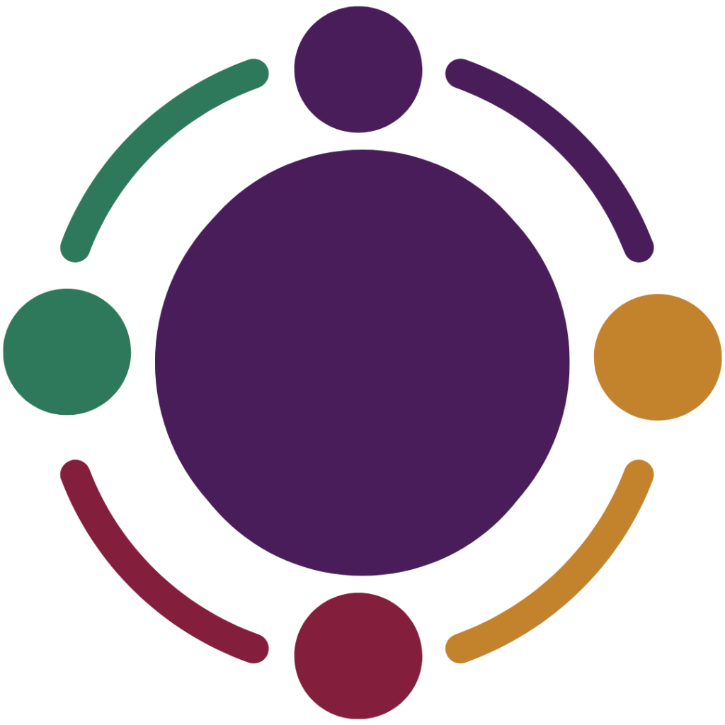 Logotipo do curso Equipa Proativa, com círculos coloridos ligados em torno de um centro roxo, simbolizando união e trabalho em equipa.