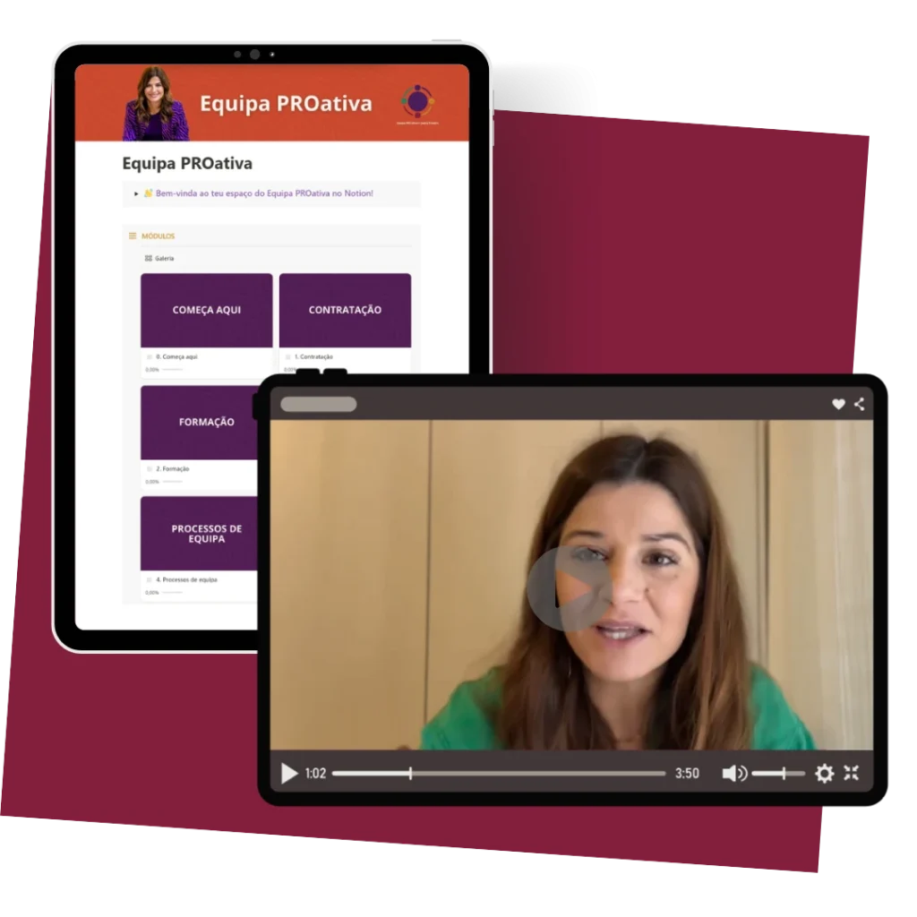 Mockup do curso Equipa Proativa, mostrando o painel de módulos e uma aula em vídeo com Joana Teixeira.