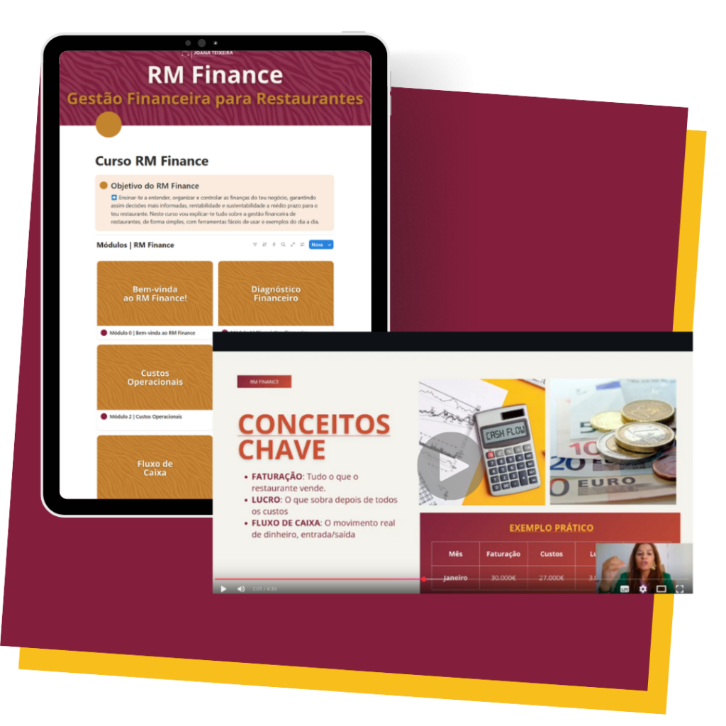 Mockup do curso RM Finance, mostrando o painel com módulos e exemplos de conceitos financeiros para restaurantes.